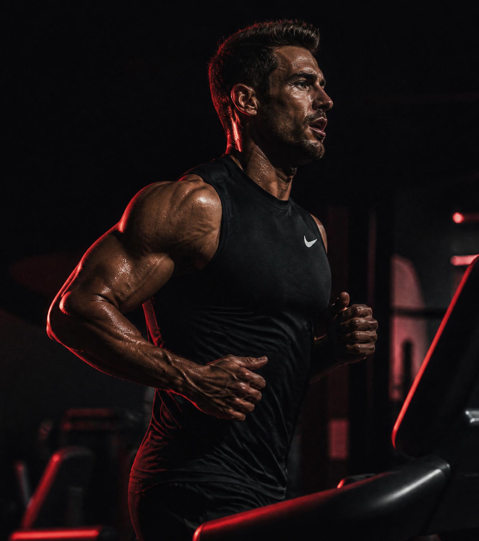 Yann Sousa treinando cardio em esteira com luz cinematográfica vermelha